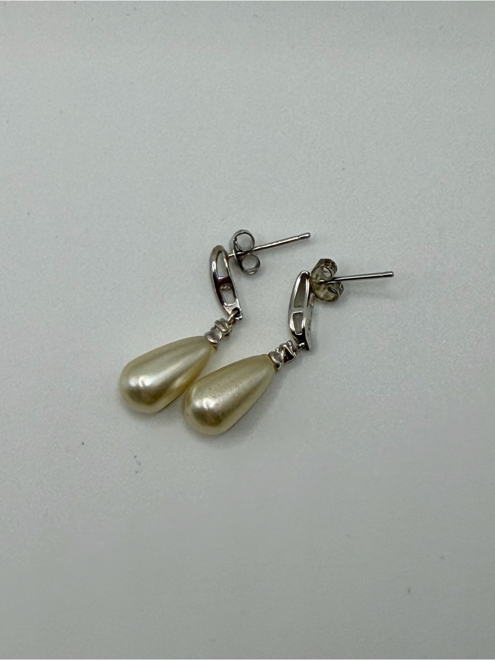Vintage 925 Sterling Silver Faux Pearl Teardrop Dangle Earrings